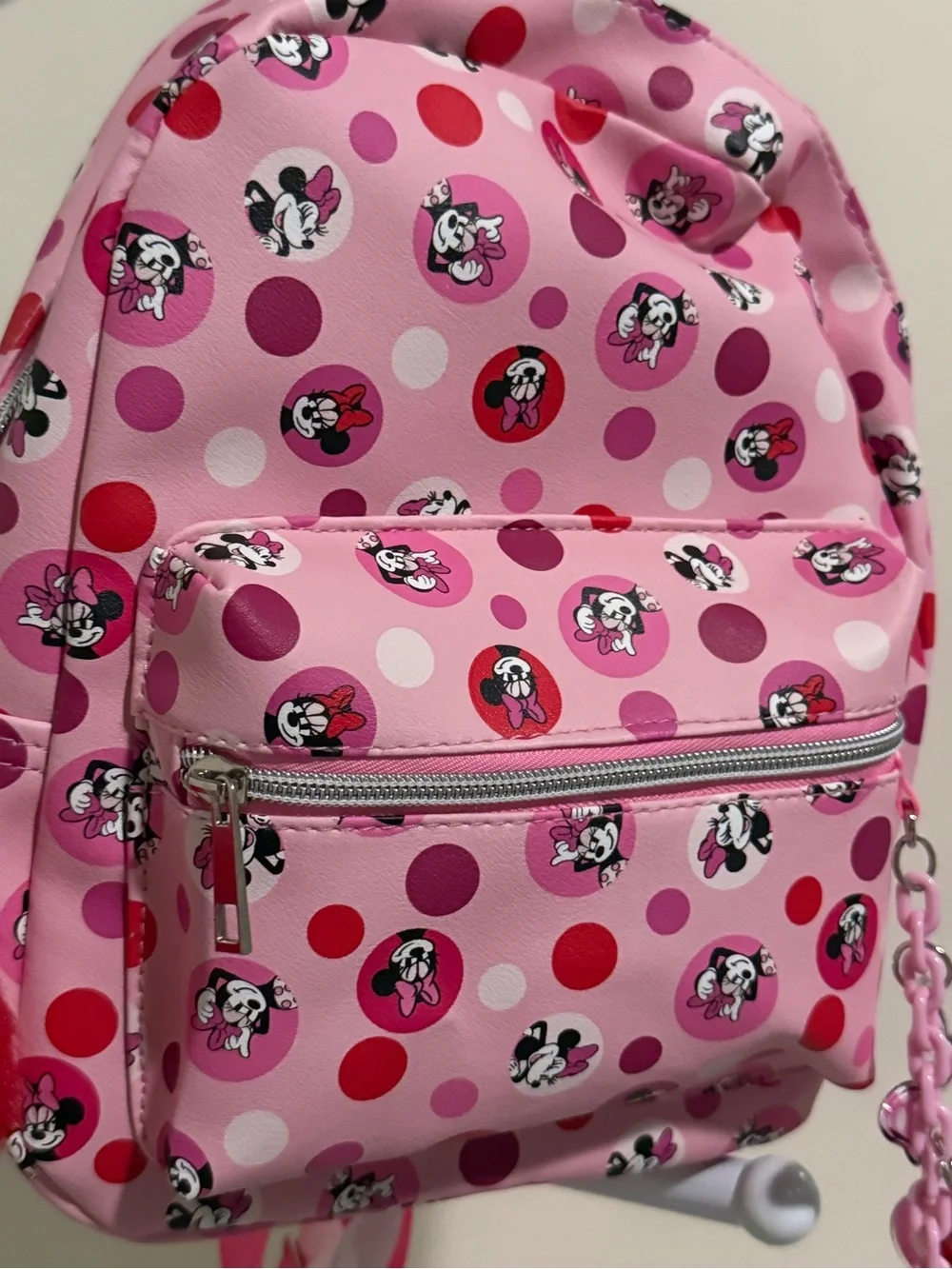 Disney Pink Minnie Mouse Polka Dot Kids Backpack with Pom-Pom Charm